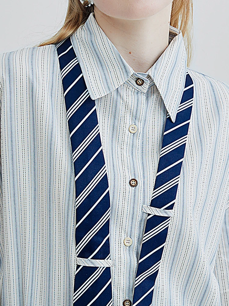 Blue Color Striped Design Tie Decoration Blouses Women Preppy Style Irregular Shirt Retro Sweet Cute Style Over-shirt Y2K Loose