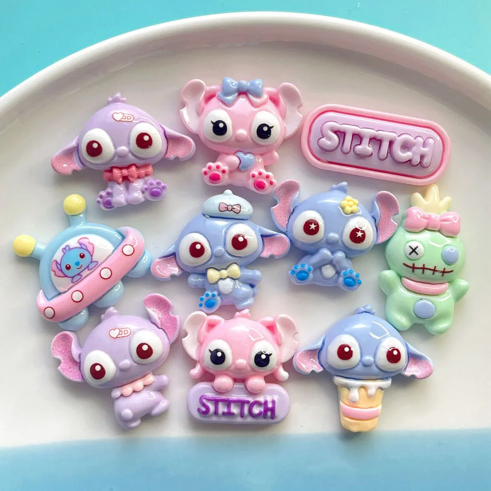 10 Pcs/Set Mini Kawaii Stitch Model Resin Accessories Cartoon Animal Disney Diy Flat Back Phone Case Hair Clip Shoes Decoration