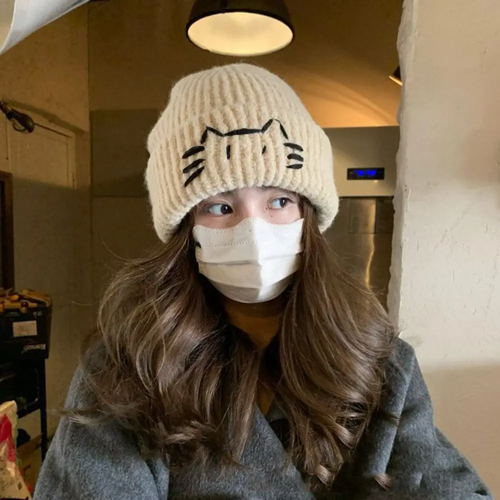 الحلو المطرزة هريرة لطيف القط محبوك قبعة دافئة الصوف متماسكة بيني الرجعية الكورية الطباعة متماسكة قبعة الخريف #2