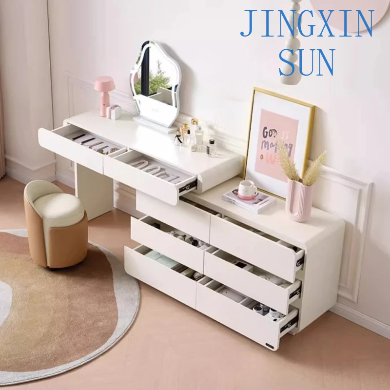 Bedroom Modern Simple Telescopic Vanity Desk With Light Mirror With Seat Chest Of Drawers Dressing Table Bedroom Cream Style