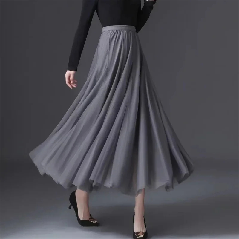 Vintage Tulle jupe femmes Streetwear élastique taille haute maille jupes plissées été élégant coréen une ligne bureau dames jupe nouveau