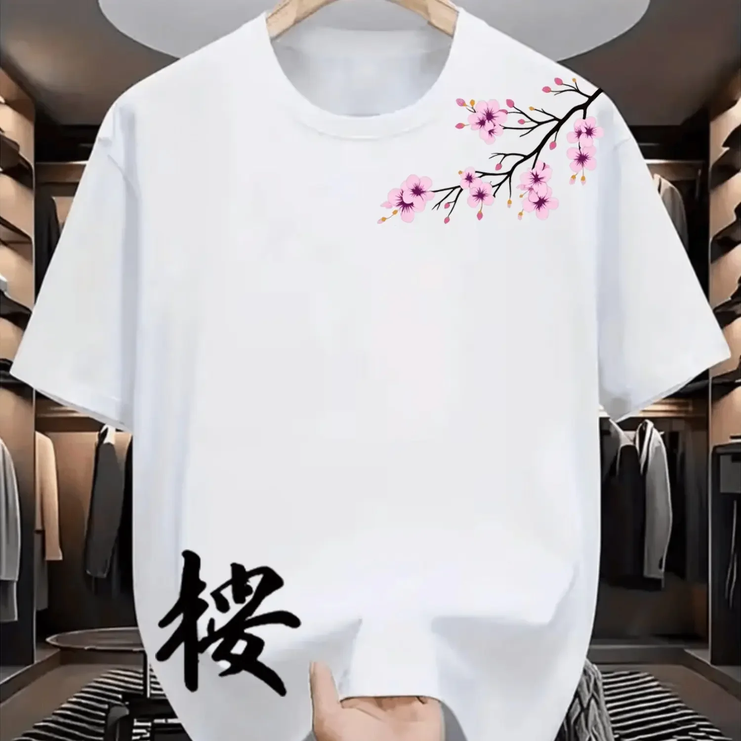 Men's Summer Japanese Style T-Shirt with Cherry Blossom Print 100% Cotton Casual Street Style and Oriental Style