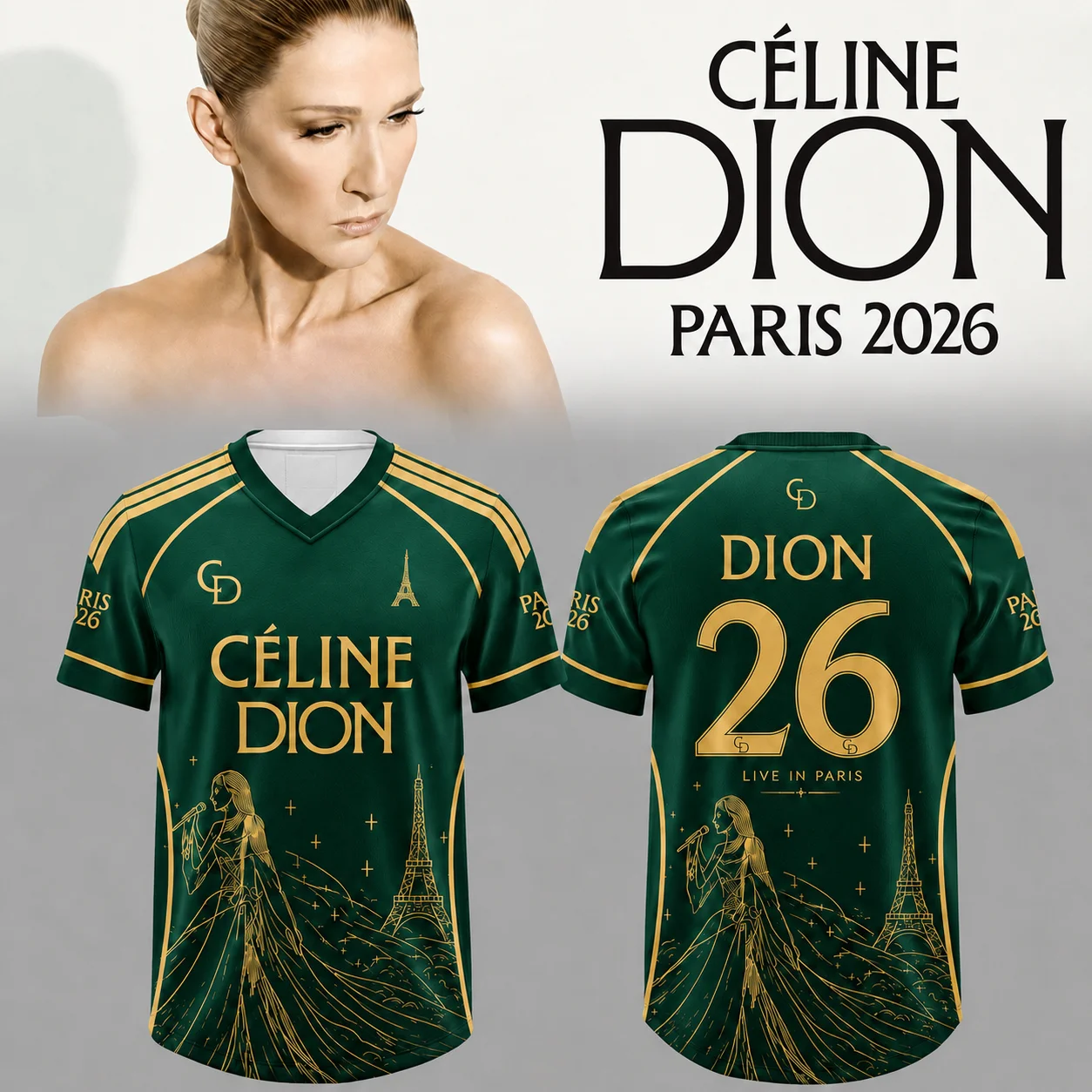 Celine Dion Paris 2026 Tour Fußballtrikot mit goldenem Eiffelturm-Aufdruck, Unisex V-Ausschnitt Kurzarm-T-Shirt, Fan-Shirt für Konzerte und Partys – Detail 4