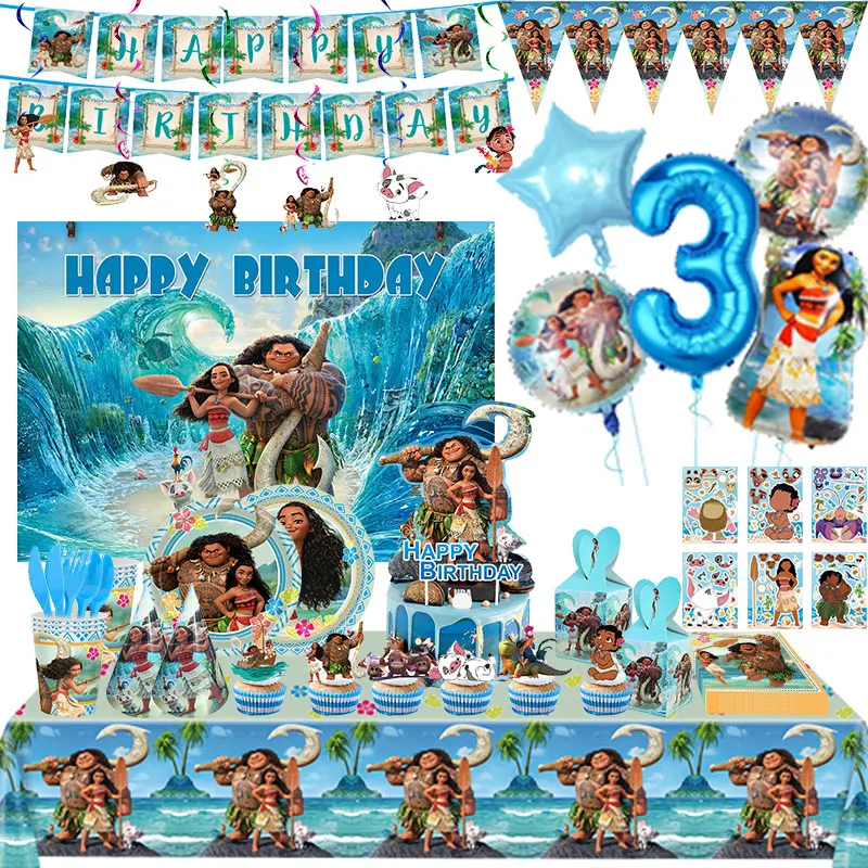 Disney Moana Birthday Party Decoration Cartoon Moana Maui Theme Disposable Tableware Cup Plale Balloon Supplies Baby Shower Kids