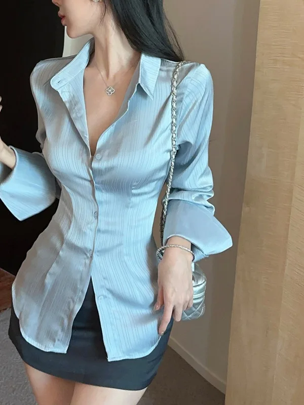 Autumn/winter Korean Version New Lapel Single Breasted Long Sleeve Shirt Women Cinching Waist Solid Slim Casual Top F406