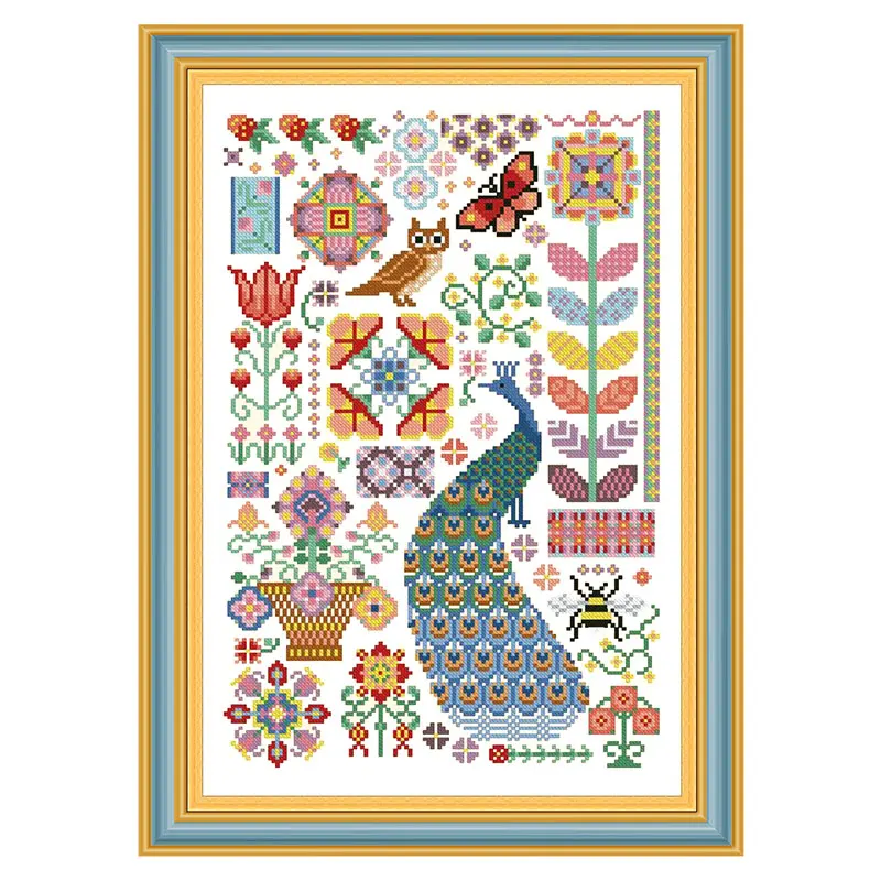 Fishxx A3335 Cross Stitch Kit Peacock Flower And Bird Garden Geometric Drawing Diy