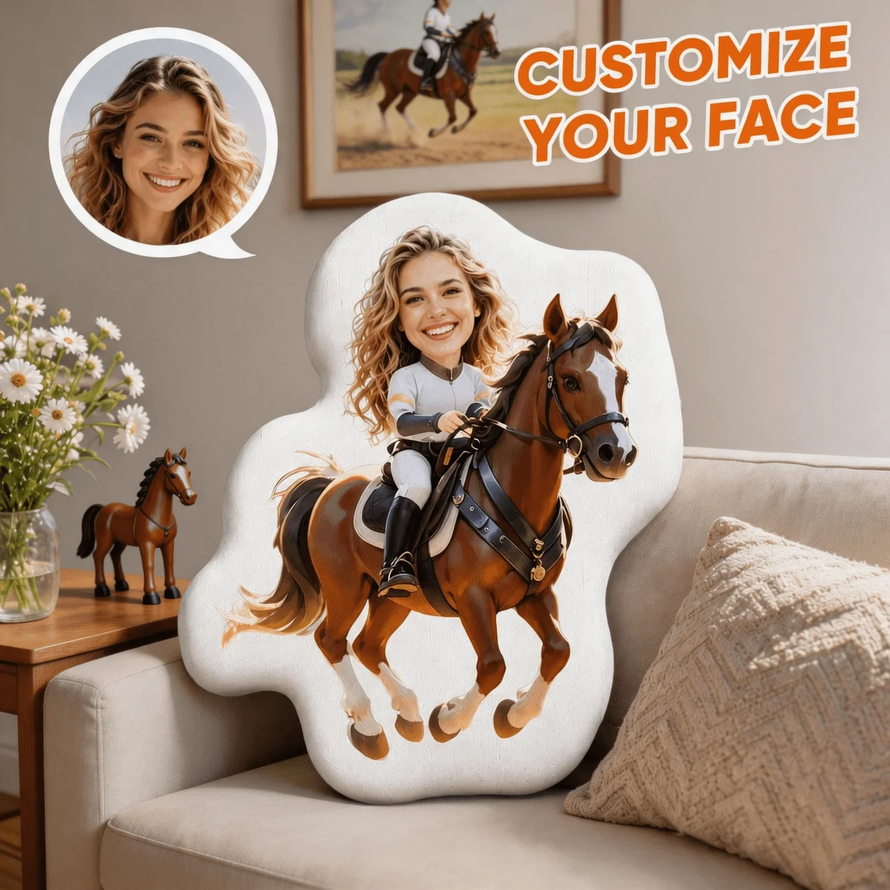 Custom Personalized Photo Face Pillow, Horse Riding Equestrian Style Custom Shaped Decorative Cushion, 60CM Large Size Home Deco