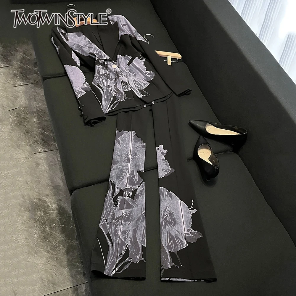 

TWOTWINSTYLE Elegant Printing Two Piece Sets For Women Lapel Long Sleeve Top High Waist Pants Chic Set Female Fashion KSE533269