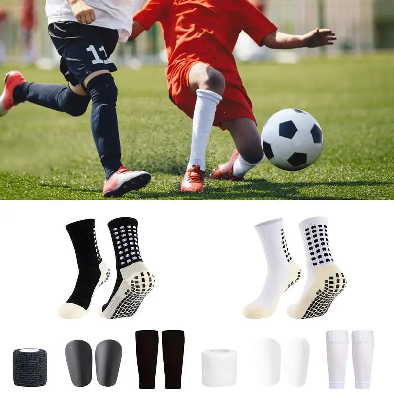 Football Socks Non-Slip Sports Socks With Leg Guards And Sports Straps Breathable Shin Guard Sleeves Football Game Set For Men