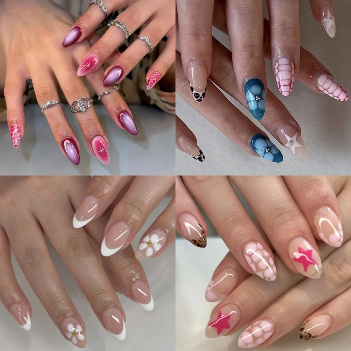 

Snake Pattern Flower Star Long Pointed Fake Nails Art Dressy Bowknot Almond False Nails Round Press on Nails Charm Manicure Tool