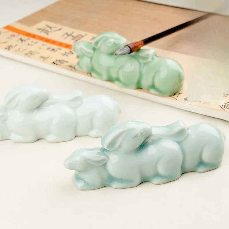 Ceramic Rabbit Pen Rest Blessing Style Ancient Brush Holder Four Treasures Calligraphy Tool Celadon Pen Mountain Desk Decor