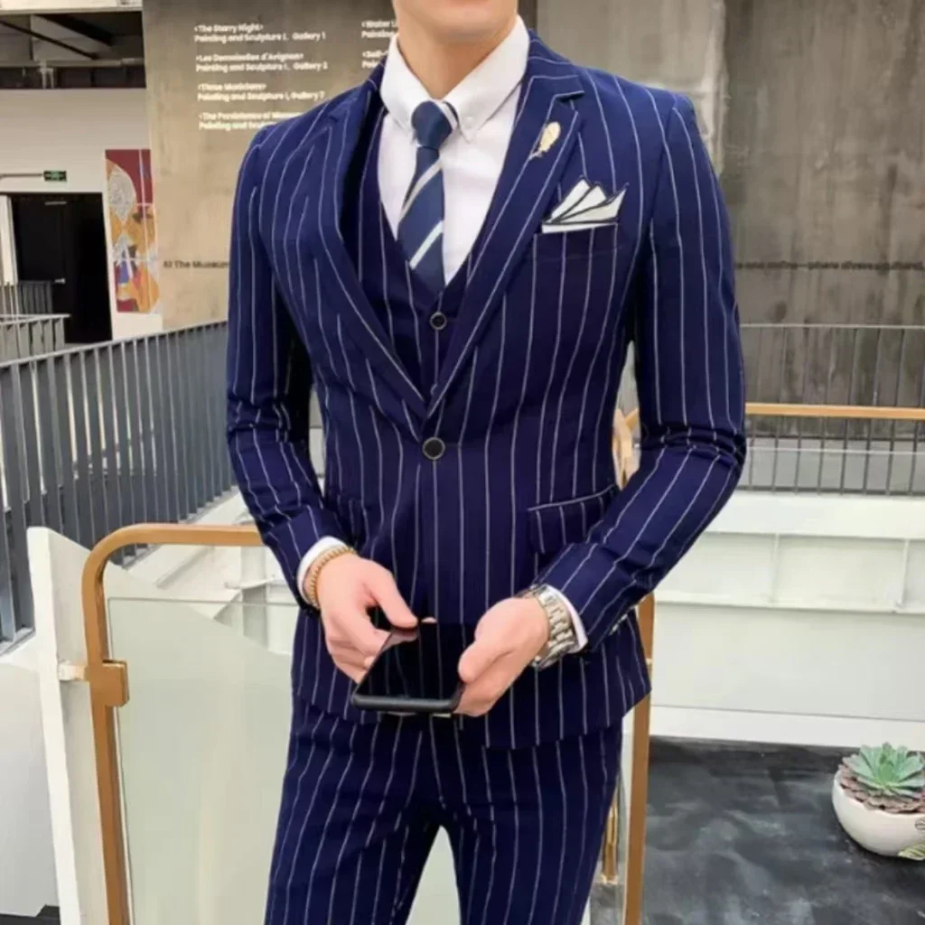 Formal Men\'s Striped Suit Two-Piece Blazer Vest Pants Set Slim Fit Classic Tuxedo Set for Wedding Party Business