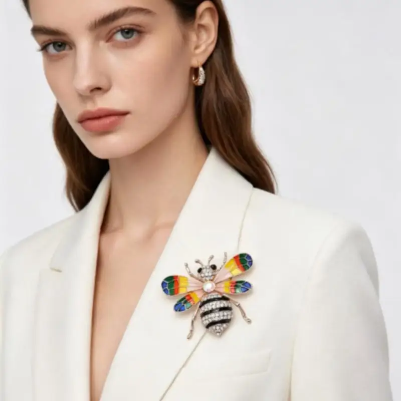 Sparkling Rhinestone Enamel Bee Brooch Shiny Crystal Accents Colorful Wings
