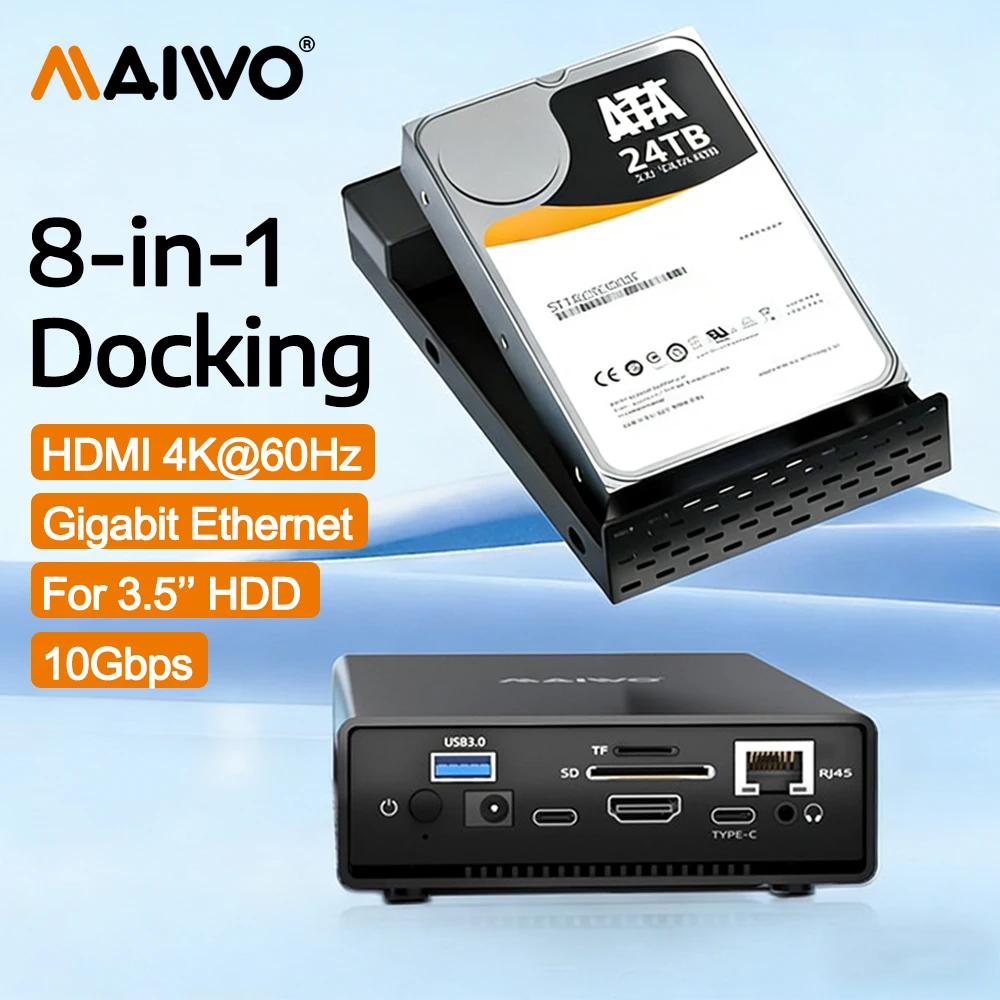 MAIWO 8-in-1 Docking Station USB HUB for 10Gbps 3.5'' HDD Case with HDMI 4K60Hz & Gigabit Ethernet Port Support SD/TF Card Read