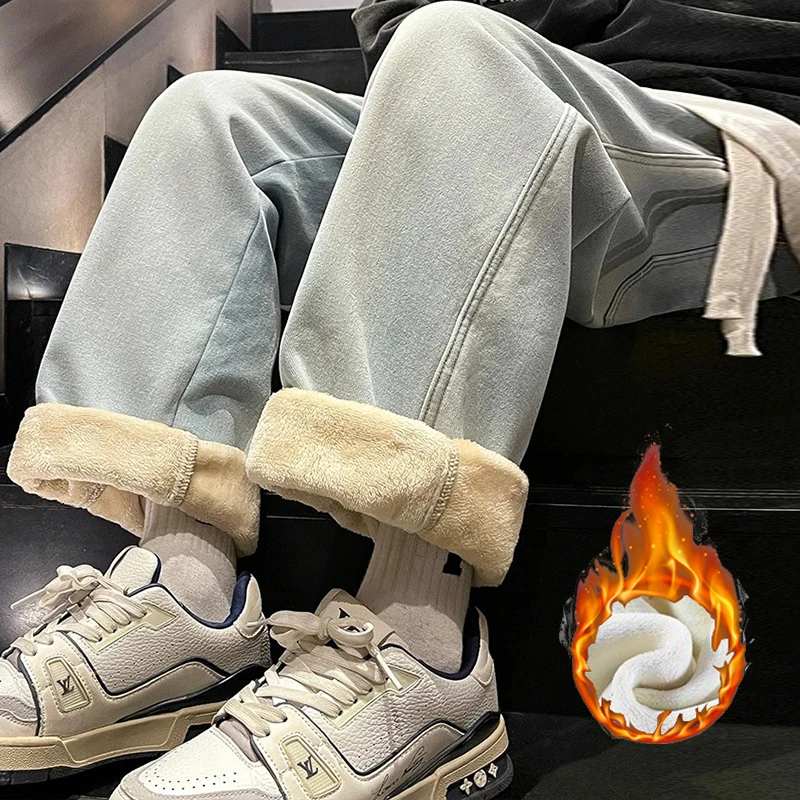 

Мужские новые осенне-зимние свободные прямые джинсы, мужские повседневные утолщенные джинсовые брюки на флисовой подкладке, уличные брюки с эластичной резинкой на талии