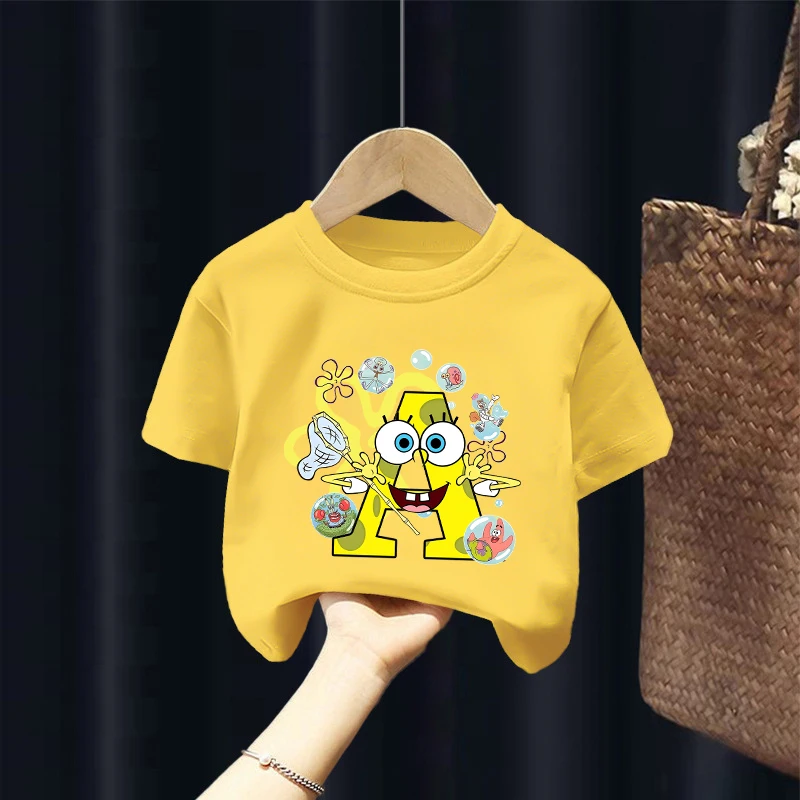 Fashion Sponge-Boby Square Pants T-shirt Letter A-Z Short Sleeve Tops Summer Cute Cartoon Printed Birthday Clothes Tees Gifts