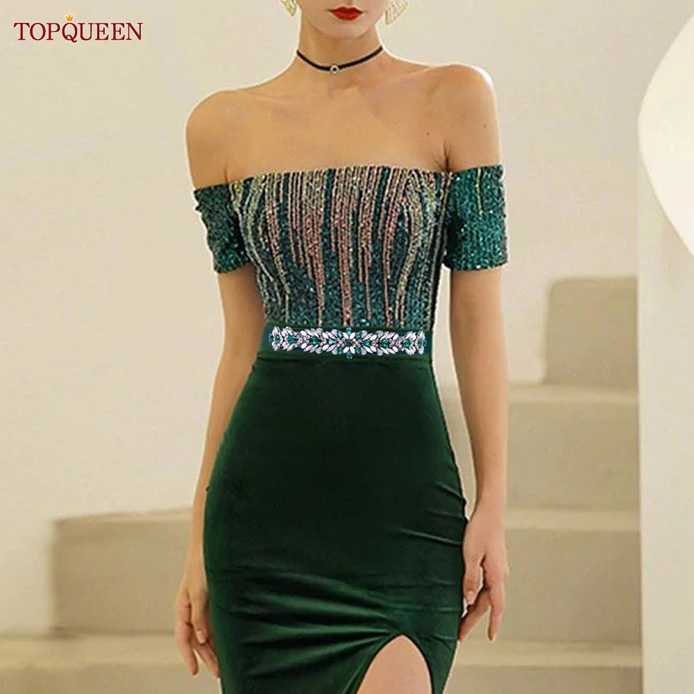 TOPQUEEN S476-B حجر الراين مطاطا حزام خصر للنساء فستان كامل عقد قصير محلى بالكريستال حزام الإناث وشاح الموضة الفاخرة السيدات حزام