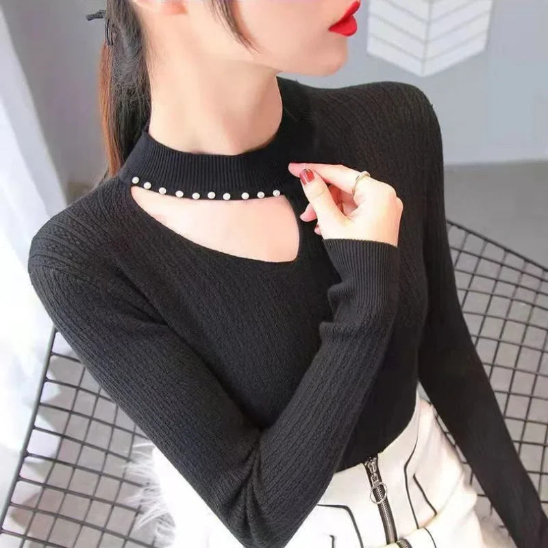 New Base Sweater Women's Nail Bead Top Korean Version Round Neck Ins Hollow Out Long Sleeved Knitted Sweater for Women