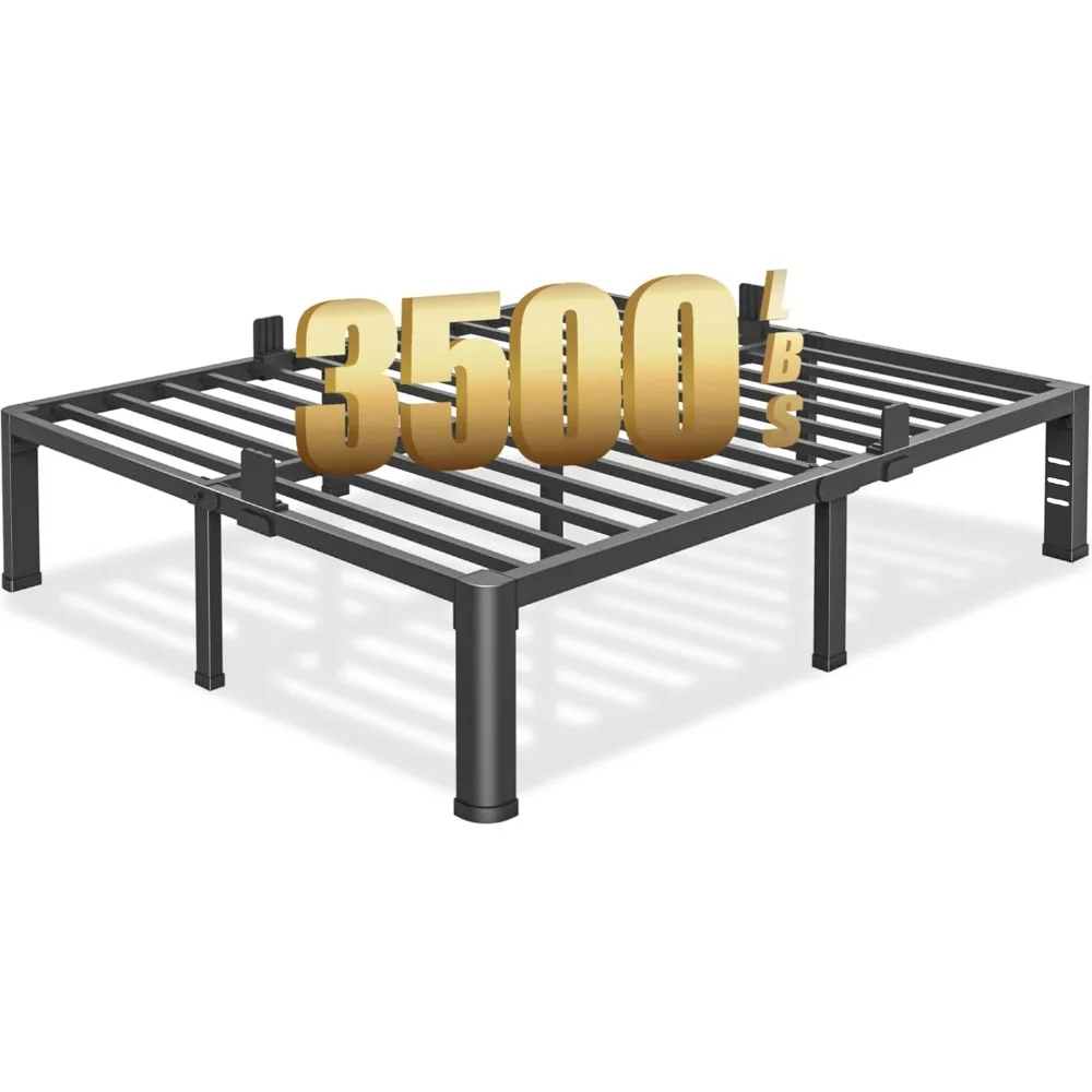 14 inch King Size Bed Frame with Round Corner Legs and Headboard Hole Mattress Slide Stopper 3500 lbs Heavy Duty Metal Platform,