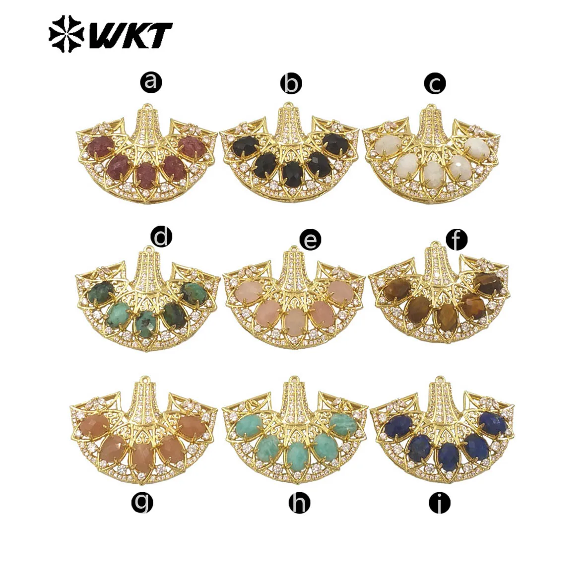 WT-MP295 Unique Latest Style  Fans Shape CZ And Colorful Gemstone With 18k Gold Plating Stone Pendant ACC Findings