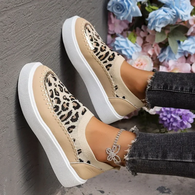 Zapatos deportivos de un pie para mujer, calzado plano con estampado de leopardo, para ocio y ocio, 2024