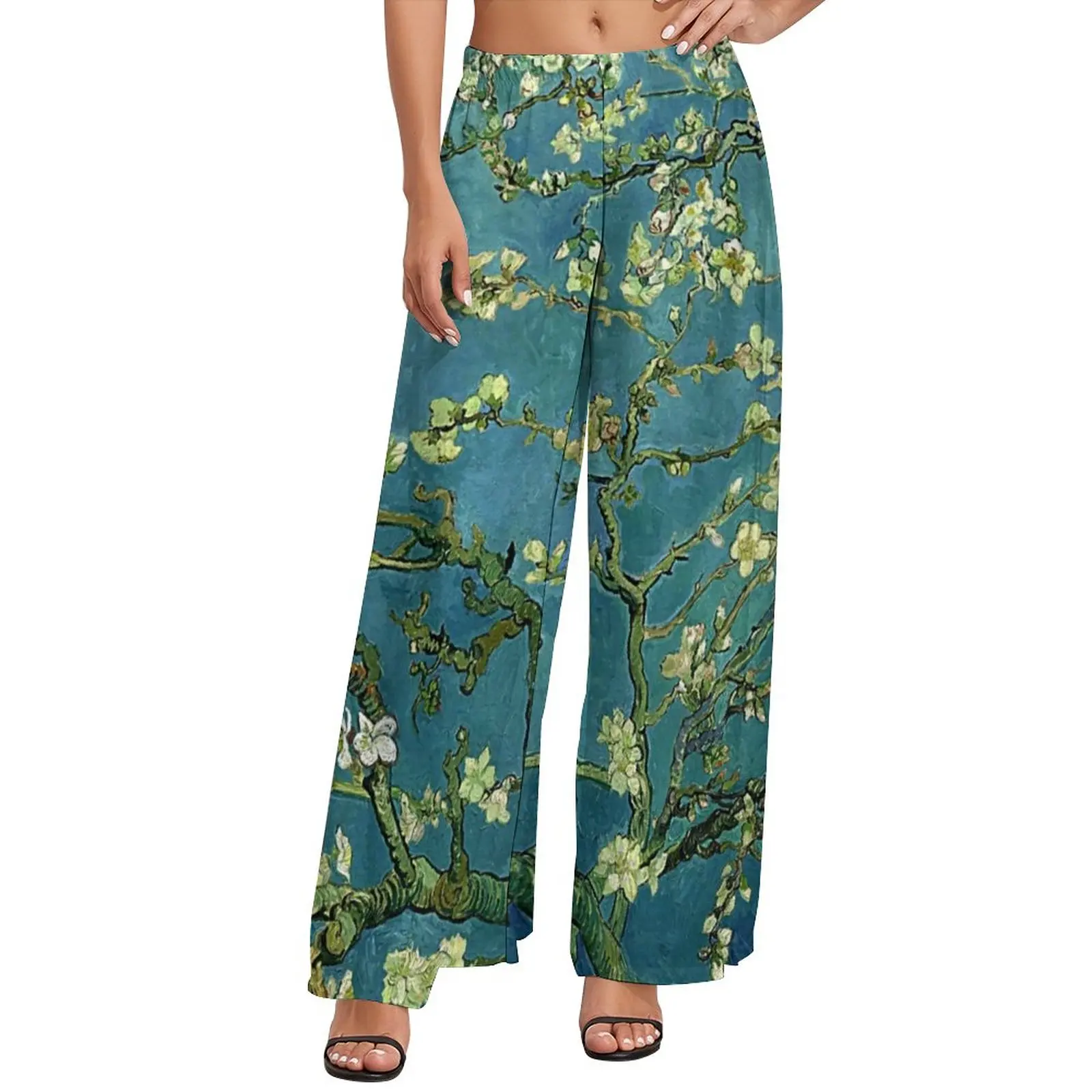 Floral Print Art Pants Van Gogh Almond Blossoms Office Wide Pants Female Oversized Beach Printed Straight Trousers