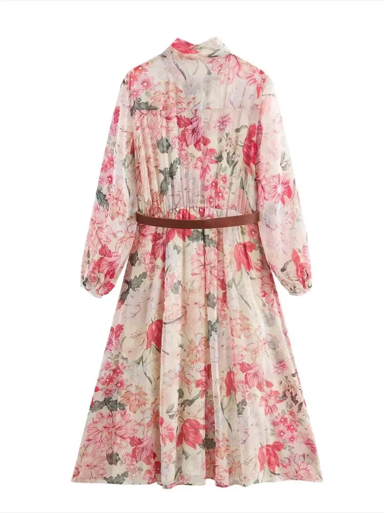 Długa sukienka damska z kwiatowym nadrukiem 2025 Nowa letnia elegancka luźna sukienka midi z dekoltem w kształcie litery O i paskiem Chic Boho Casual Party Dress