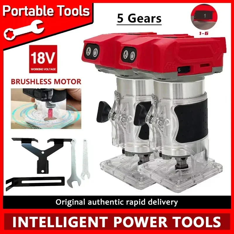 

Fit Milwaukee Brushless Electric Trimmer 800W 30000RPM Cordless Compact Router 5-Speeds Woodworking Trimming Machine For 18V