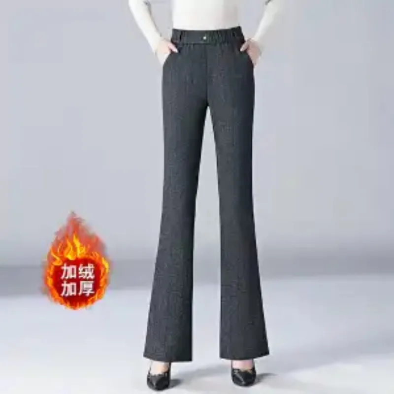 

2024, новые шерстяные женские утягивающие широкие брюки с высокой талией, слегка расклешенные повседневные брюки с эластичной резинкой на талии