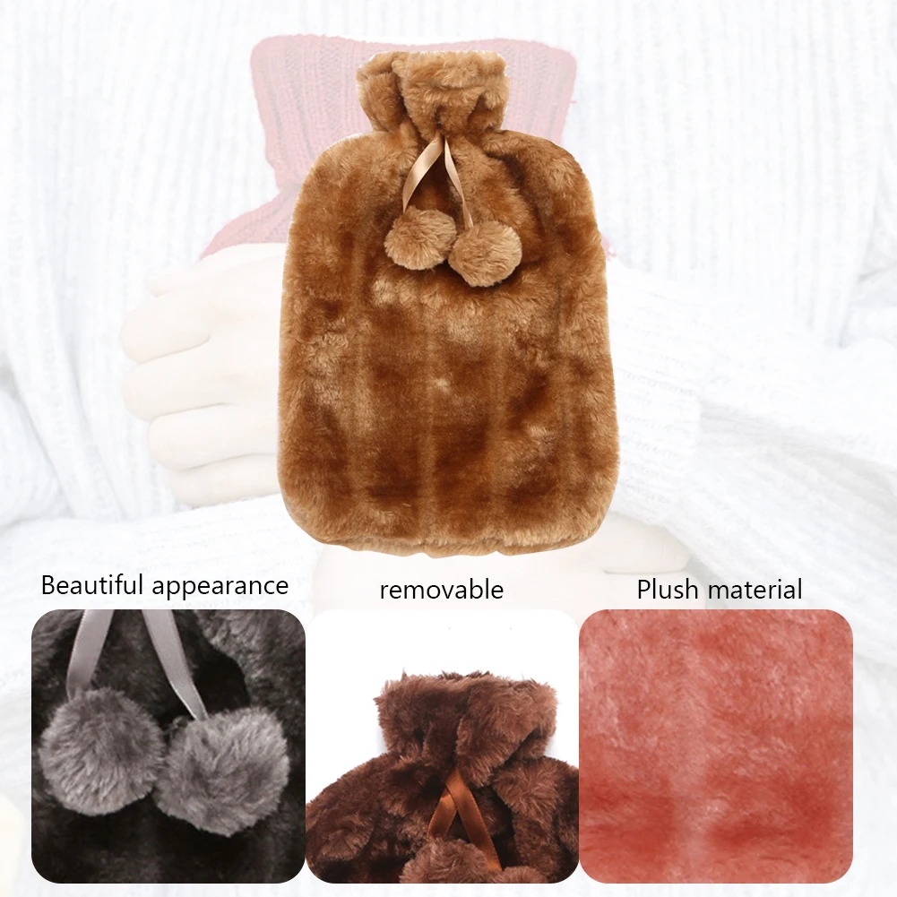 A preservação do calor 2000ml cobre a garrafa de água quente de pelúcia à prova de frio protetora com bola de cabelo capa de saco de água quente macia para o inverno
