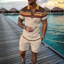 Fashion Men's Suit Zipper Polo Shirt Shorts Pants Two Piece Set Coconut Tree Stripe 3D Print Casual Men Clothing Tracksuit Set