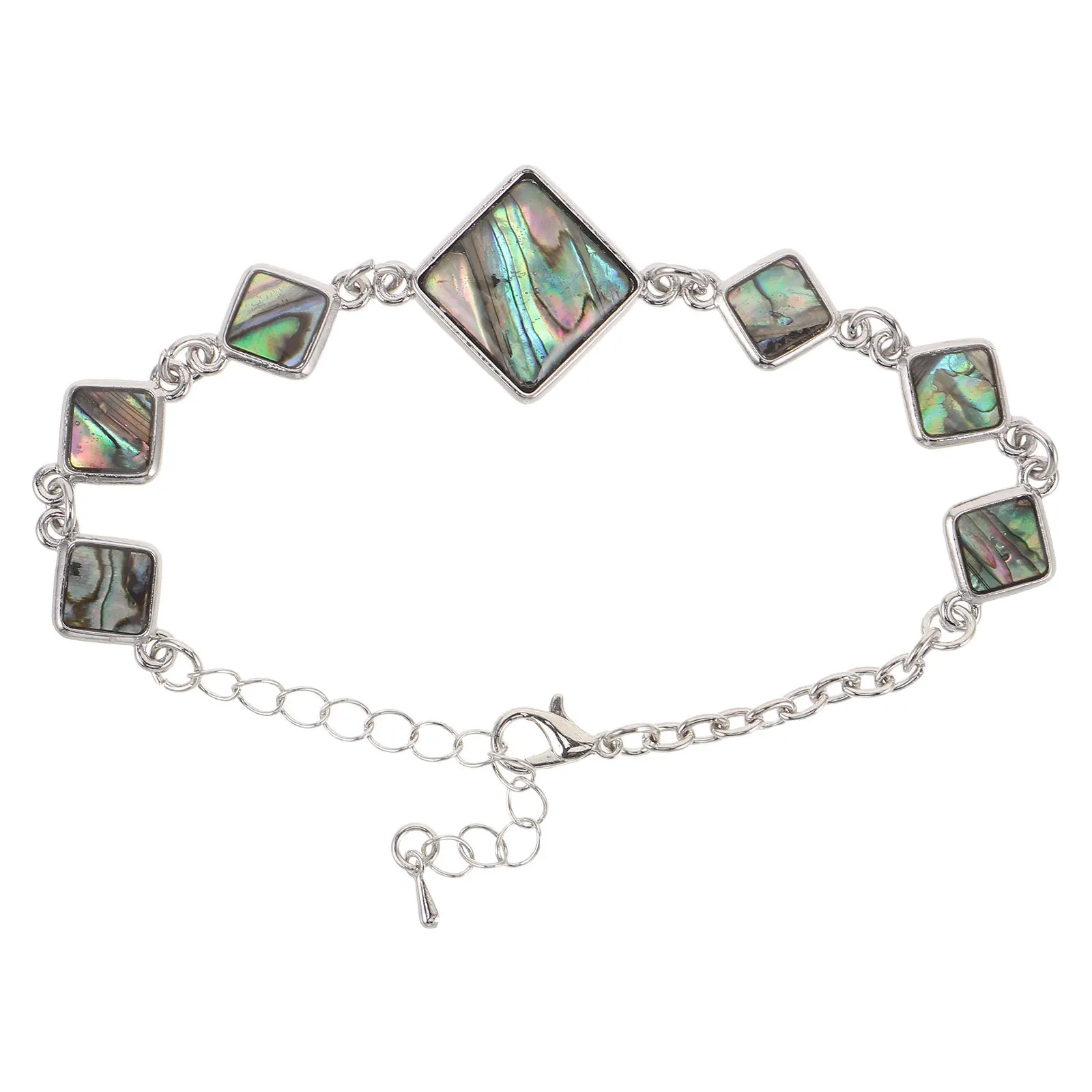 

Rainbow Abalone Bracelet Geometric Rhombus Shell Link Bangle Adjustable Ocean Inspired Jewelry For Women Stackable Layering
