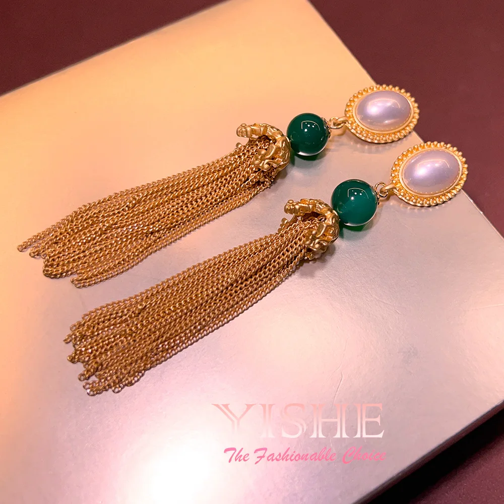 New medieval pearl chalcedony fringed earrings, plated with real gold vintage cross-border hot-selling S925 light luxury premium