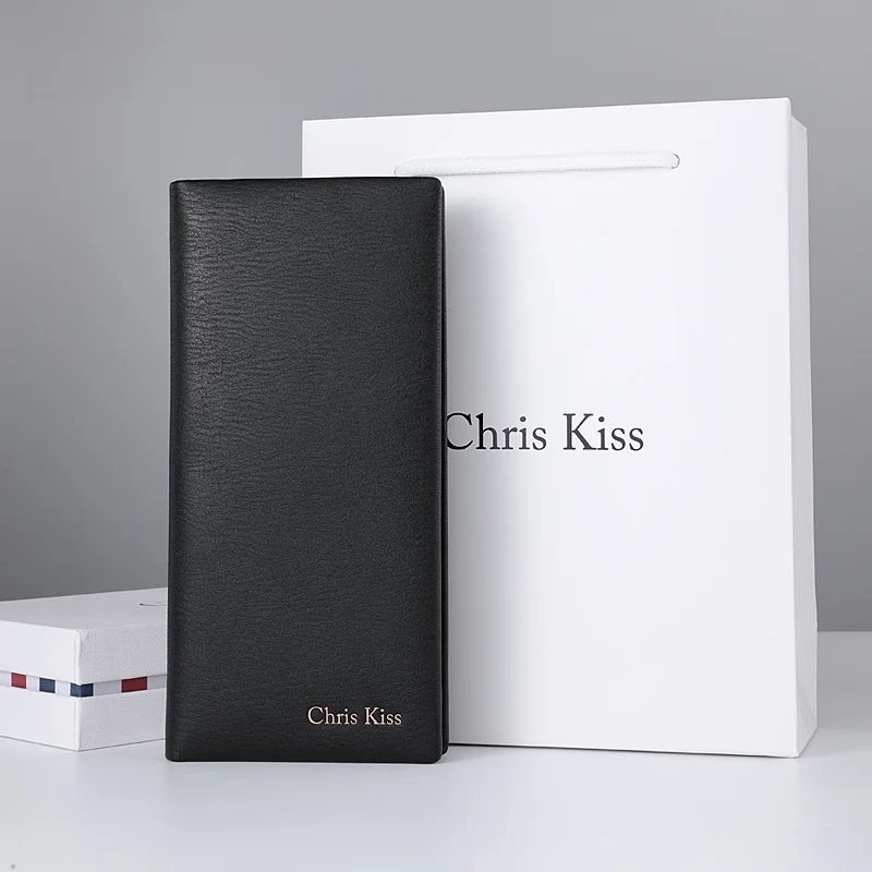 Luxury Men's Long Wallet Top Layer Cowhide Genuine Leather Chris Kiss Brand Leather Money Clip High End Men's Wallet