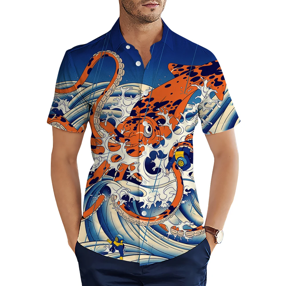 HX ukiyo-e kemeja Jepang lukisan seni Sunburst gurita 3D dicetak kemeja kasual lengan pendek atasan Camisas pakaian pria