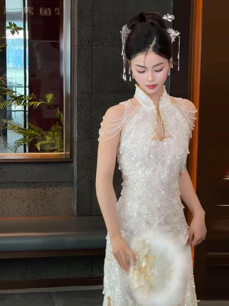 

Ele Long Qipao Evening Gown Women's New 2025 High-End Luxury Wedding Dr for Engagement And Banquet Heavy Embroidery