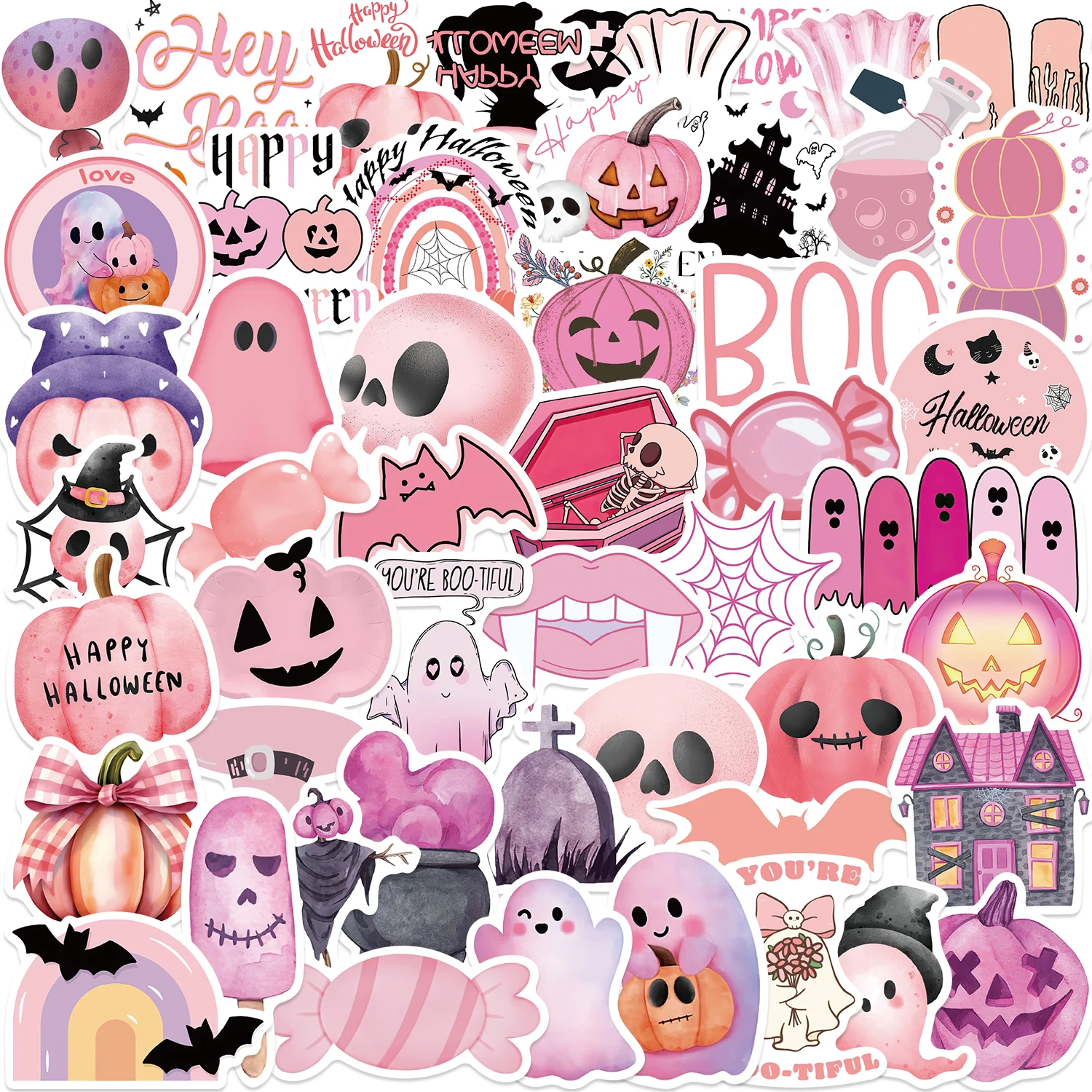 50PCS Kawaii Pink Halloween Ghost Skull Pumpkin Stickers Waterproof Cute Decorative Notebook Guitar Skateboard Sticker Toy﻿