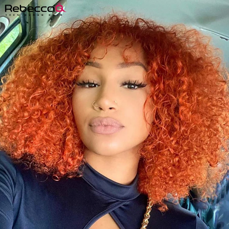 

Orange Short Curly Bob Human Hair Wigs With Bangs Glueless Full Machine Made Wigs Orange Colored Wigs For Women Remy Hair Wig