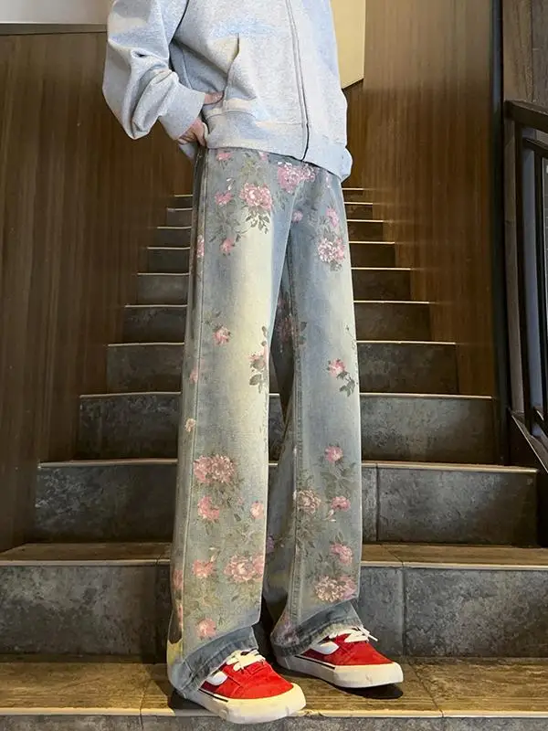 

Blue Washed Spring Autumn Winter Men's Straight Leg Jeans Clean Fit Handsome Pants Casual High Street American Style