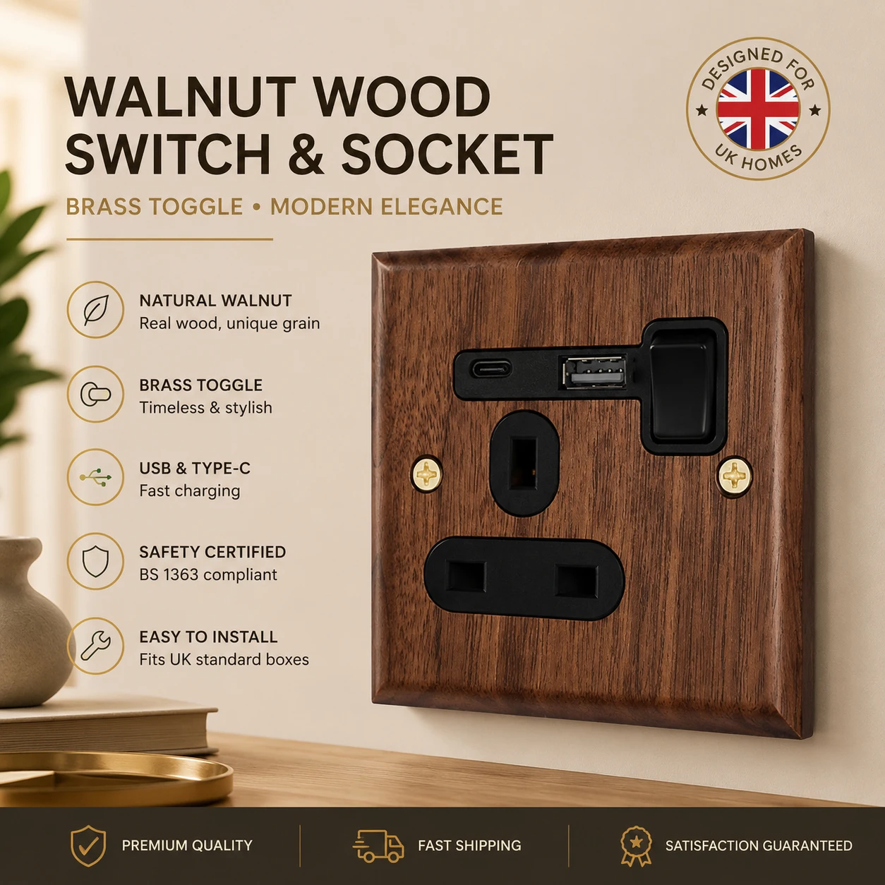 Vintage Wood Grain Socket Wood Panel Switches with Black Walnut Wood and Brass Lever, Retro 86 Style EU Bidirectional Switch