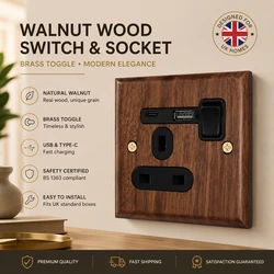 Vintage Wood Grain Socket Wood Panel Switches with Black Walnut Wood and Brass Lever, Retro 86 Style EU Bidirectional Switch