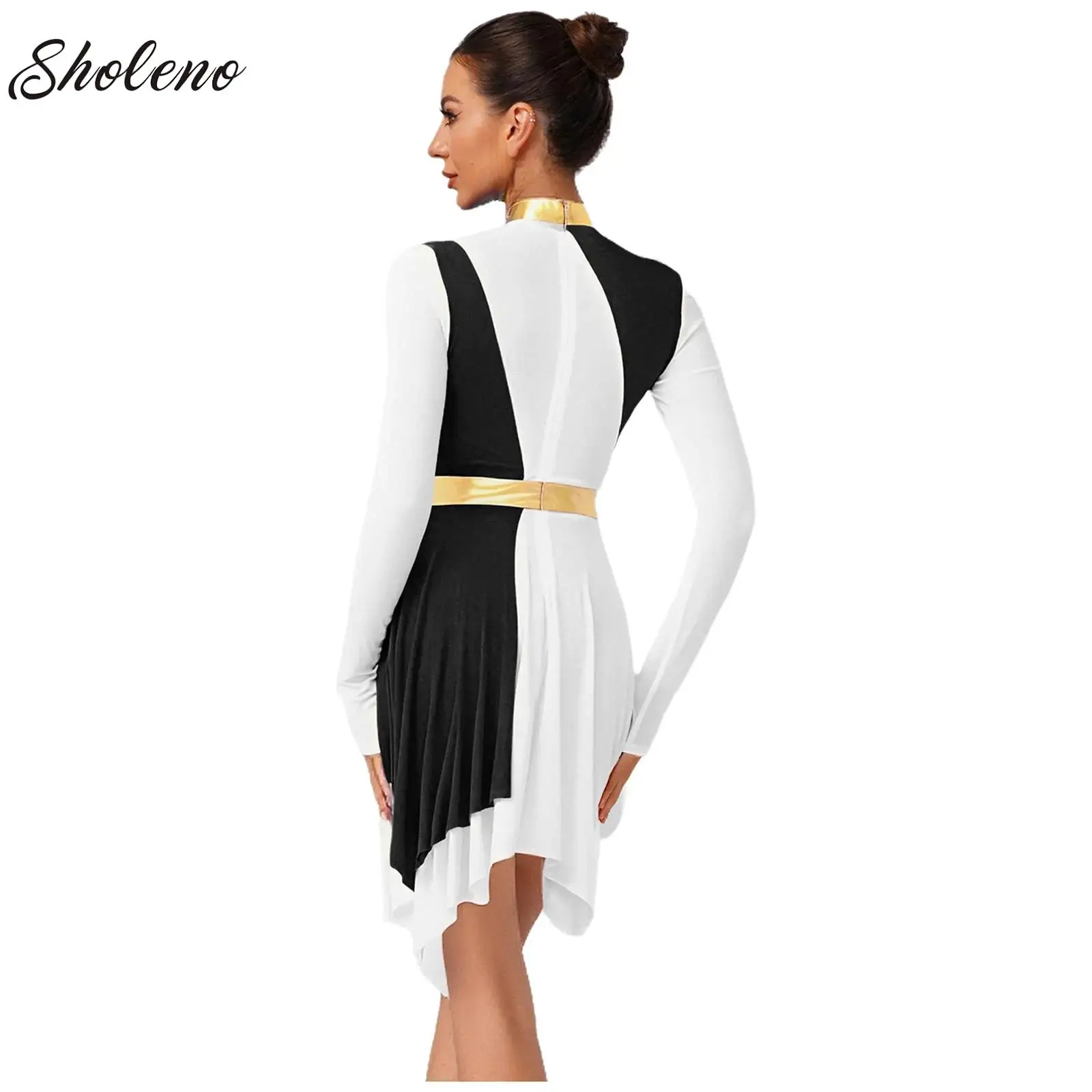 

Women Adults Praise Lyrical Dance Dress Church Choir Worship Ballroom Dancing Waltz Costume Long Sleeve Asymmetrical Hem Gown