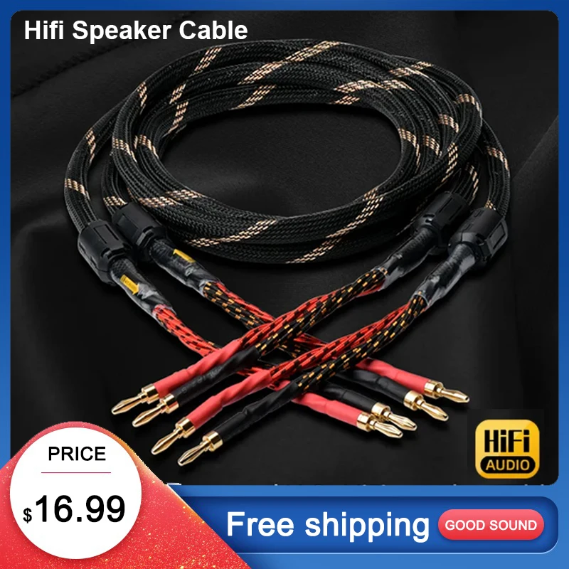 ATAUDIO-Cable de altavoz HiFi de alta pureza 6N OFCCore con conector Banana Y oro de 24K, un par, Cable de bocina Hifi para altavoz amplificador