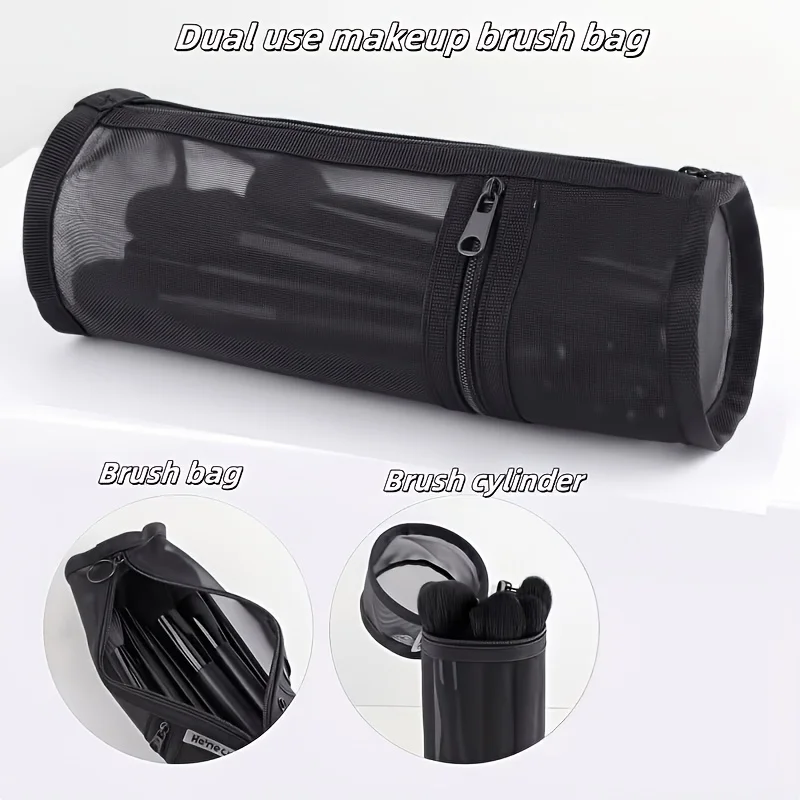 New Mesh 2 in 1 Makeup Brush Bag Portable Travel Zipper Pouch Large Capacity Minimalist Dual Use Makeup Brush Holder