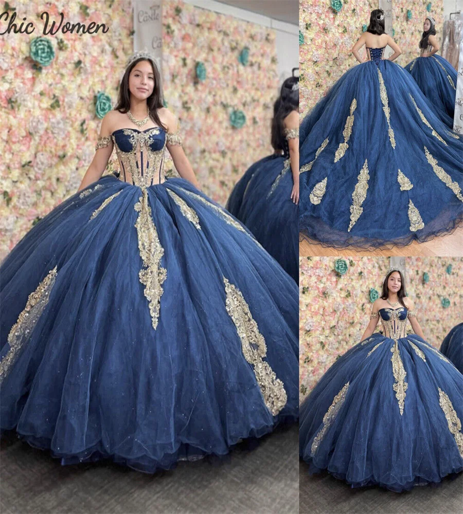 Classy Navy Blue Quinceanera Dresses  With Gold Lace See Through Corset Ball Gown  Beaded Sweet 16 Birthday Vestido De 15 Anos