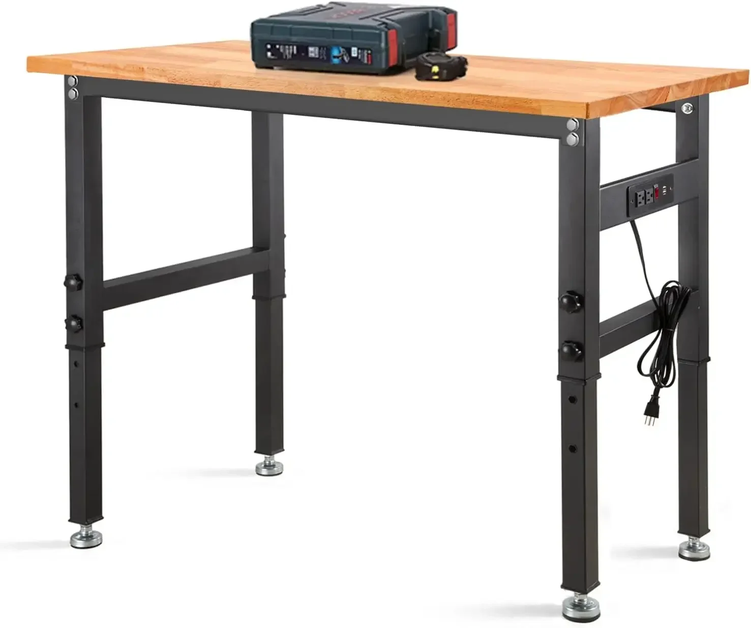 Workbench, Rubber Wood Top Heavy-Duty Workstation, 2000 LBS Load Capacity Hardwood Worktable with Power Outlets for Garage, Work