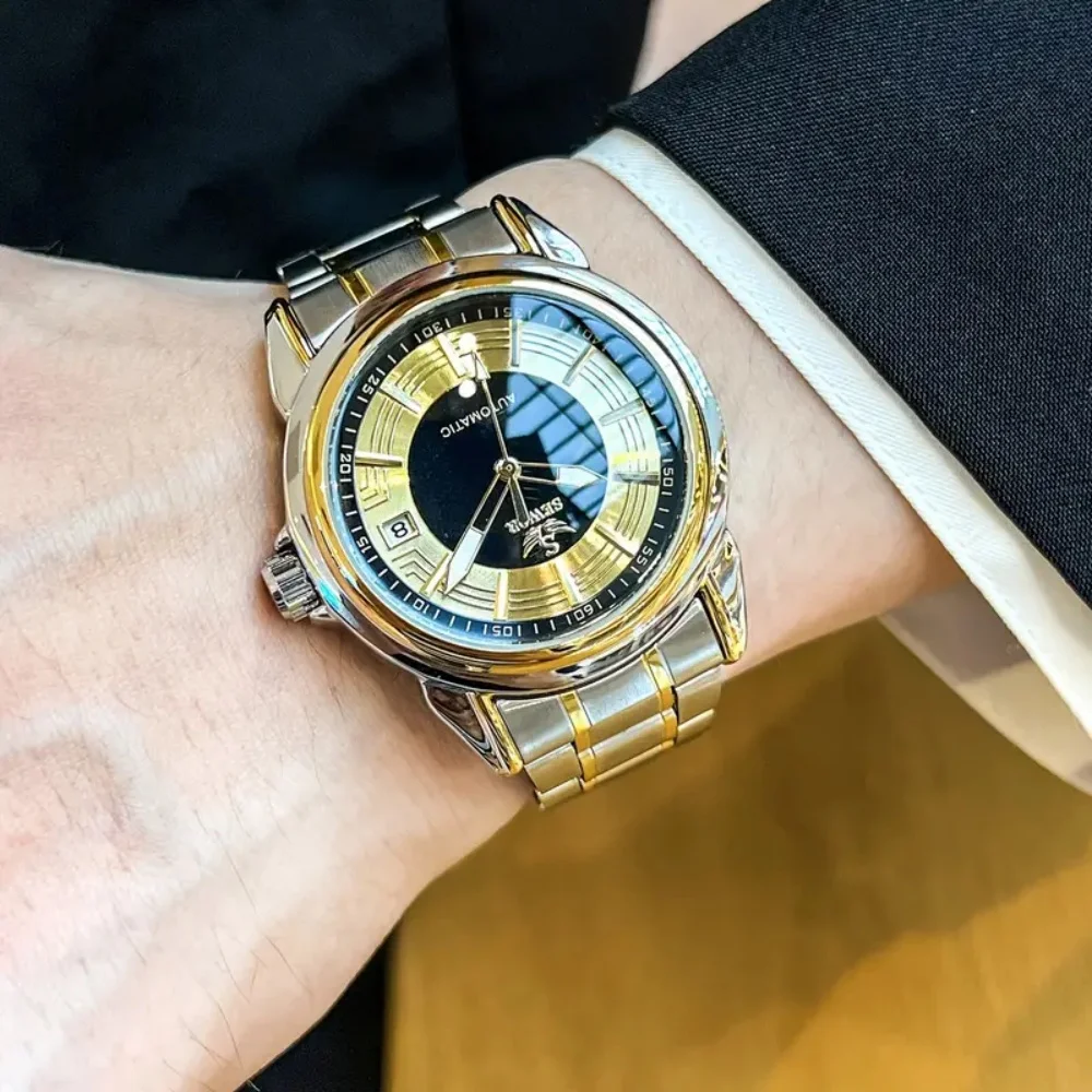 High-End Business Men's Automatic Mechanical Watch - White Dial with Gold Accents, Date Display - Casual and Formal Business Wear Accessory, Holiday and Birthday Gift, Elegant and Exquisite Wristwatch, Vintage Design, Luxurious Accessory, Perfect Christmas Gift, Perfect Gift for Thanksgiving and Valentine's Day
