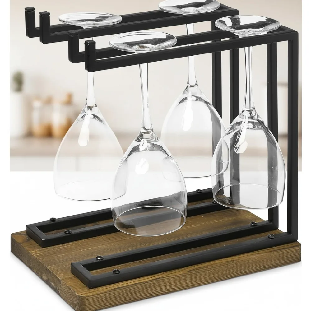 

Промышленная металлическая стойка для бокалов для вина с деревянным основанием, 2 вешалки, держатель для бокалов на столешнице для кухонного бара