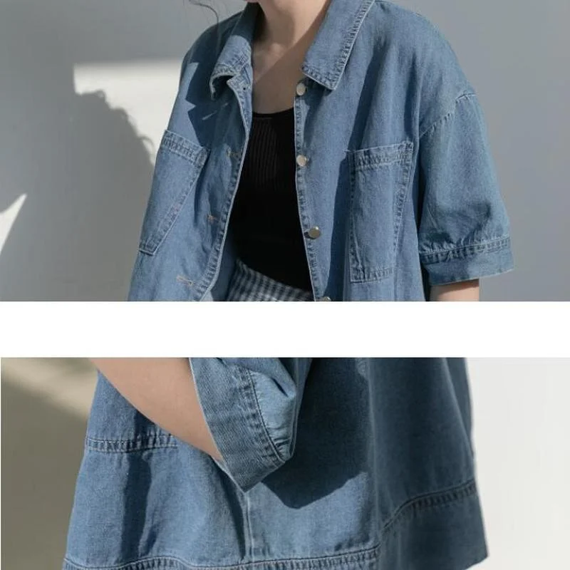 Denim Shirts Women Vintage Cropped Short Sleeve Summer Ulzzang Single Breasted College All-match Basic Cool S-3XL Ladies Loose