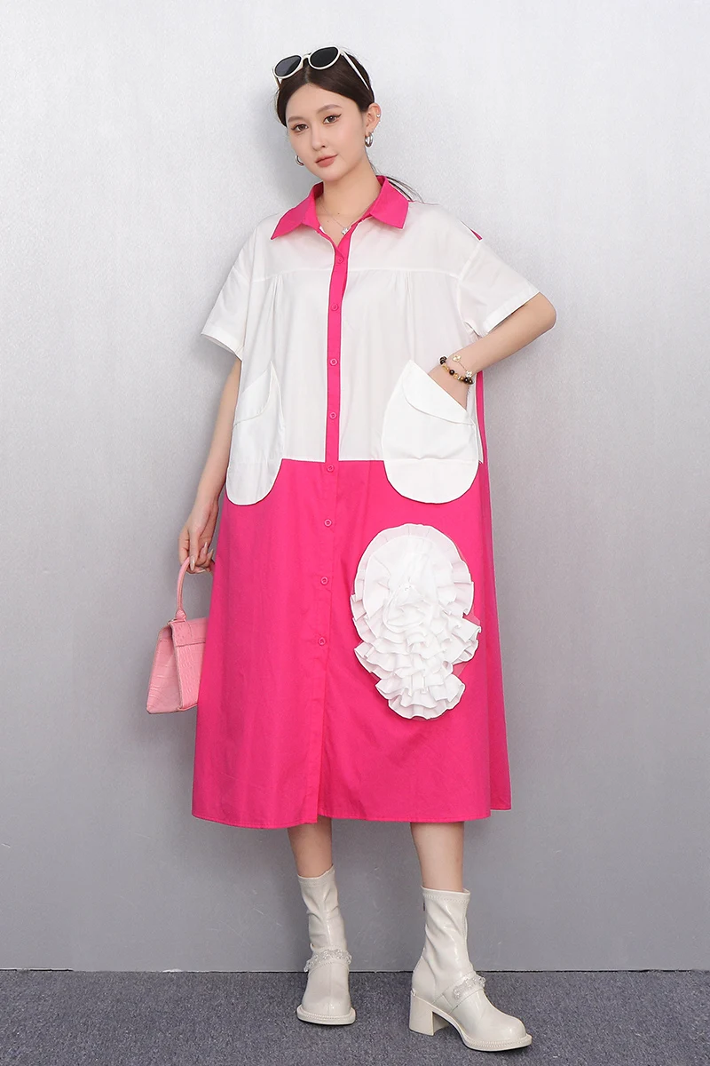 

2025 Spring Summer Elegant Women Loose Shirts Long Dresses Ladies Short Sleeve Dress Wholesale J1162